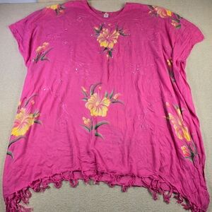 Island Planet Blouse One Size Pink Floral Rayon Boho Fringe Beach Top
